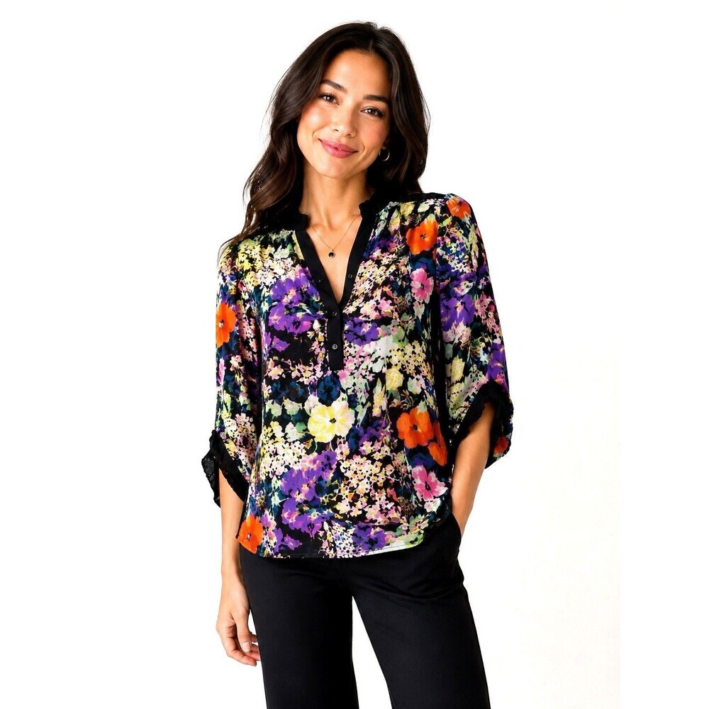 Diane von Furstenberg DVF Silk Floral Blouse Size 4 Ruched 3/4 Sleeve V-Neck Top